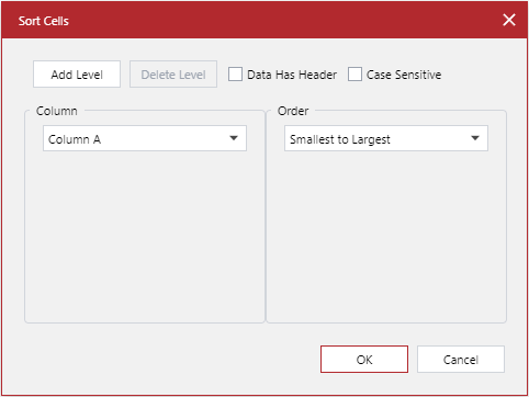 Sort Cells pop-up dialog box Sort Cells pop-up dialog box